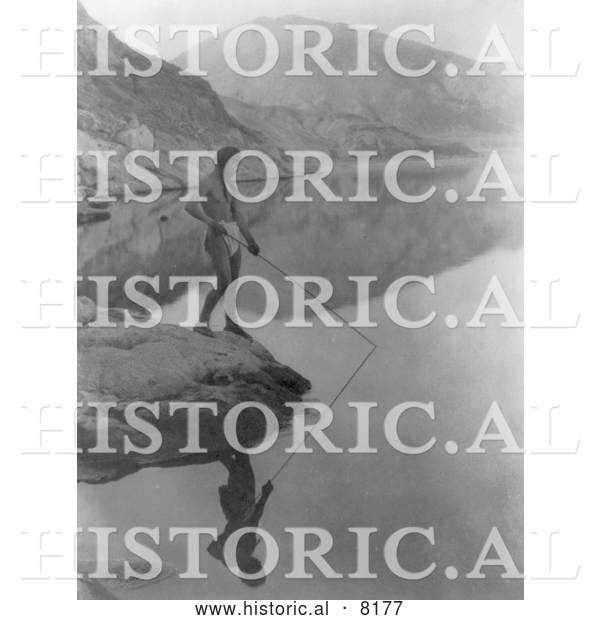 Historical Image of Native American Indian Paviotso Man Spear Fishing 1924 - Black and White