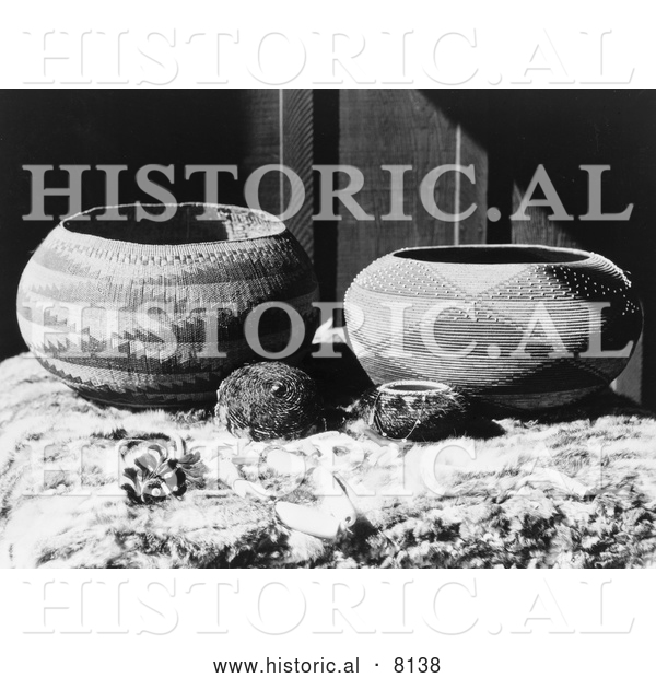 Historical Image of Native American Indian Pomo Baskets 1924 - Black and White