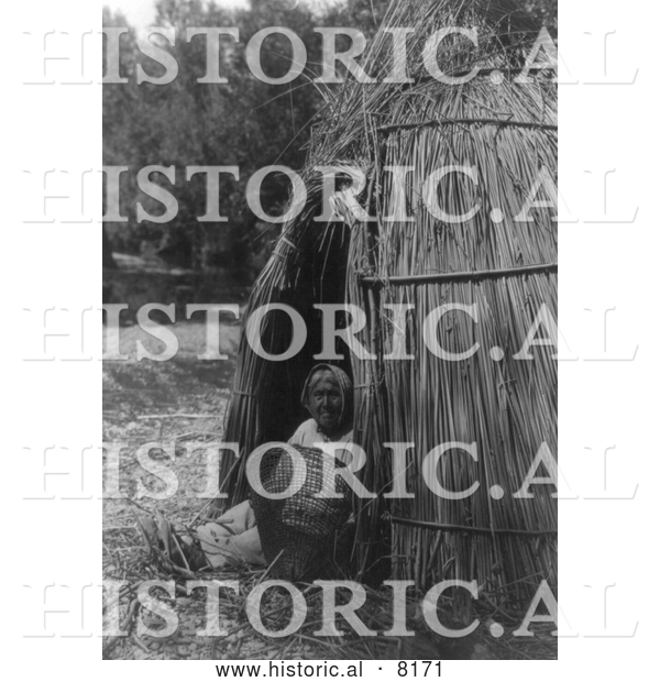 Historical Image of Native American Indian Tule Shelter 1924 - Black and White