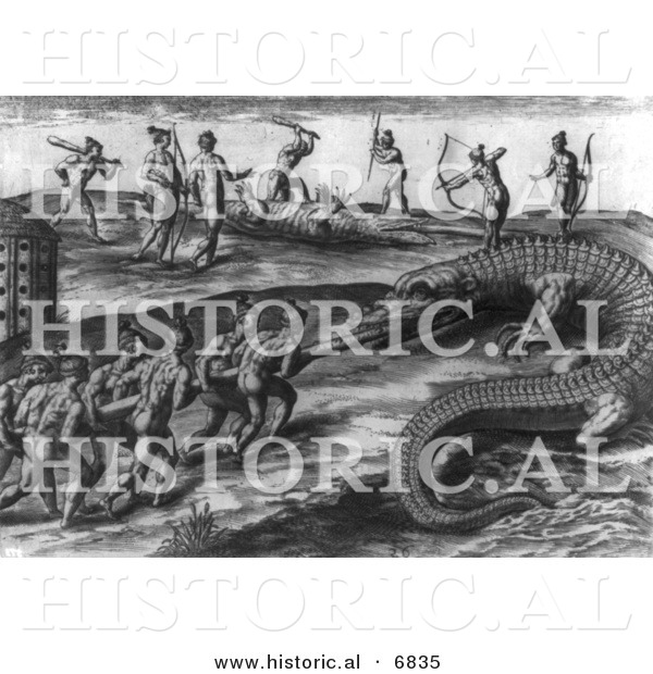 Historical Image of Native American Indians Killing Giant Alligators - Black and White Version