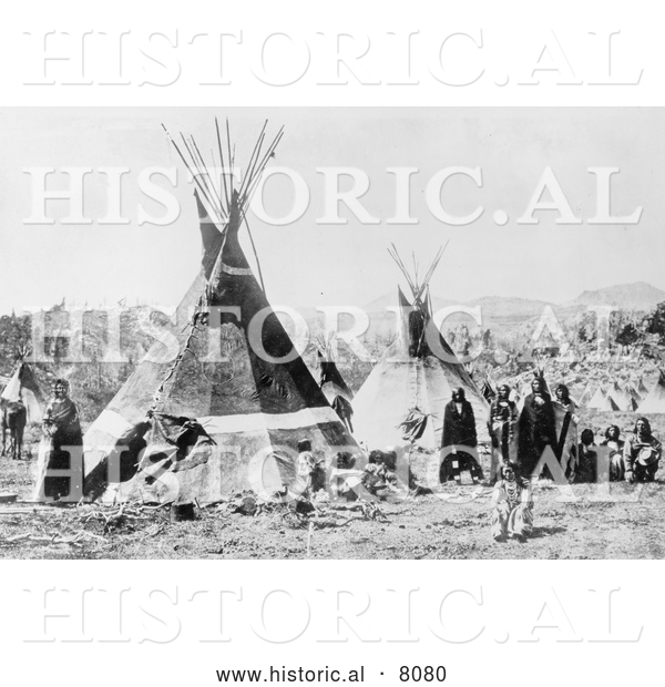 Historical Image of Native American Shoshoni Indians with Tepees - Black and White
