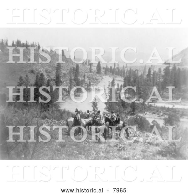Historical Image of Native American Spokane Indians on Horses 1910 - Black and White