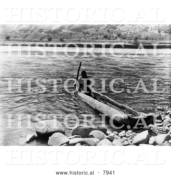 Historical Image of Nez Perce, a Native American Indian, in a Canoe 1910 - Black and White