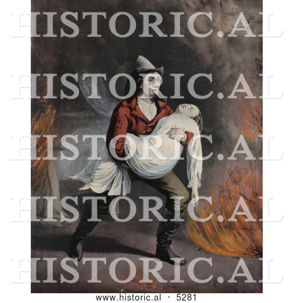 Historical Painting of a Brave Fireman Carrying a Girl in His Arms While Rescuing Her from a Fire