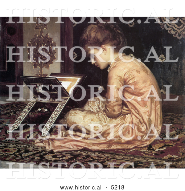 Historical Painting of a Girl Sitting on a Carpet, Reading a Book at a Reading Desk by Frederic Lord Leighton