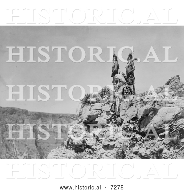 Historical Photo of 3 Crow Indians on Cliff 1905 - Black and White