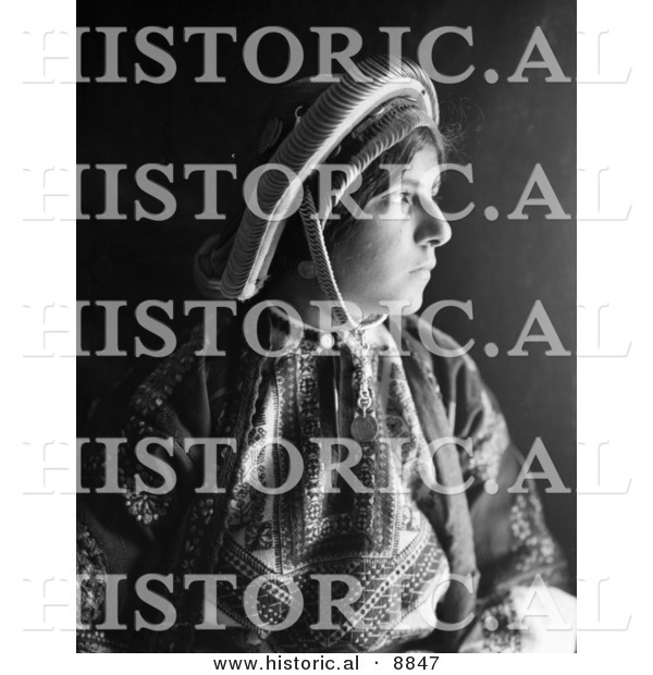 Historical Photo of a Ramallah Woman Wearing a Dowry Coin Headdress - Black and White Version