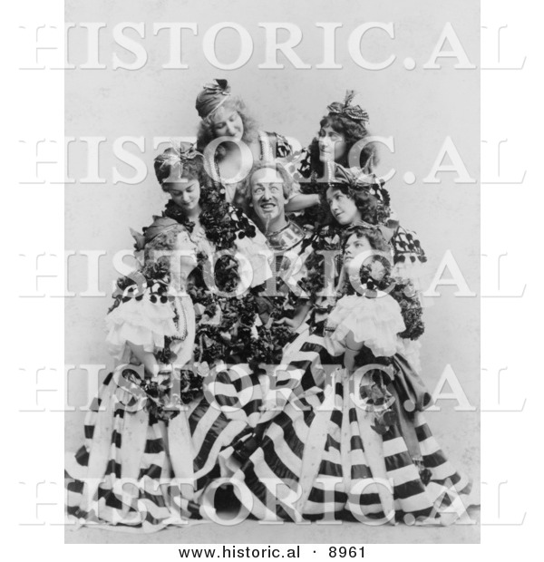 Historical Photo of Actor De Wolf Hopper, Surrounded by a Group of Beautiful Ladies in Dresses, Performing During the Broadway Musical, El Capitan, 1896 - Black and White Version