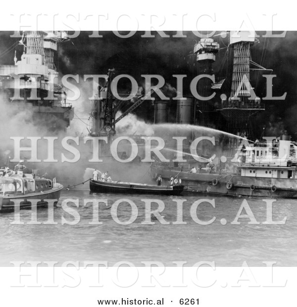 Historical Photo of American Sailors Fighting Flames on the Attack of Pearl Harbor - Black and White Version