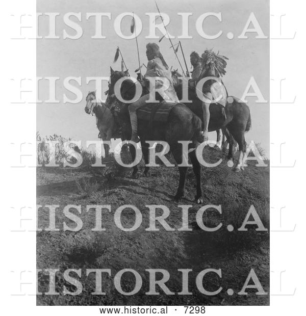 Historical Photo of Apsaroke Men on Horses, Holding Spears 1908 - Black and White