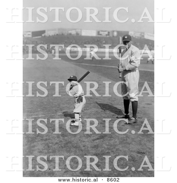 Historical Photo of Babe Ruth and a Boy, Little Mascot, Posing with Bats on a Baseball Field - Black and White Version