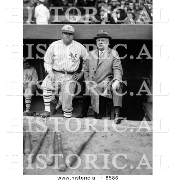 Historical Photo of Babe Ruth in His New York Yankees Baseball Uniform, Standing in the Dugout with John McGraw - Black and White Version