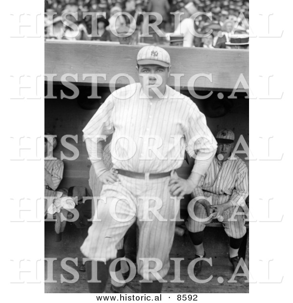 Historical Photo of Babe Ruth Standing near a Dugout, Posing in His New York Yankees Uniform - Black and White Version