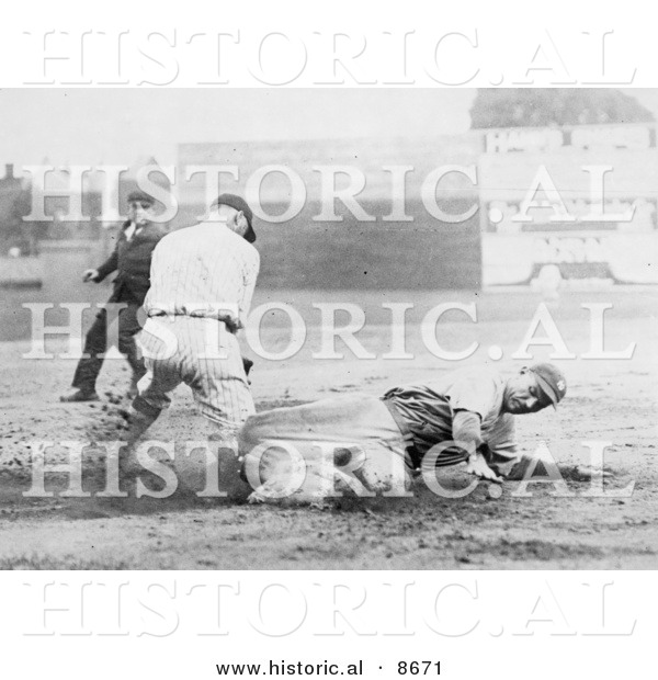 Historical Photo of Baseball Umpire Watching a Runner Sliding to Base Before Being Tagged - Black and White Version