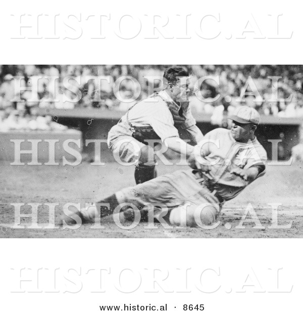Historical Photo of Bing Miller Being Tagged out at Home Plate by Muddy Ruel During a Baseball Game, 1925 - Black and White Version