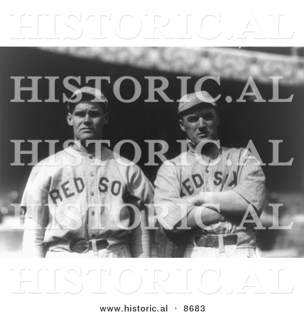 Historical Photo of Boston Red Sox Baseball Players Dutch Leonard and Bill Carrigan, 1916 - Black and White Version