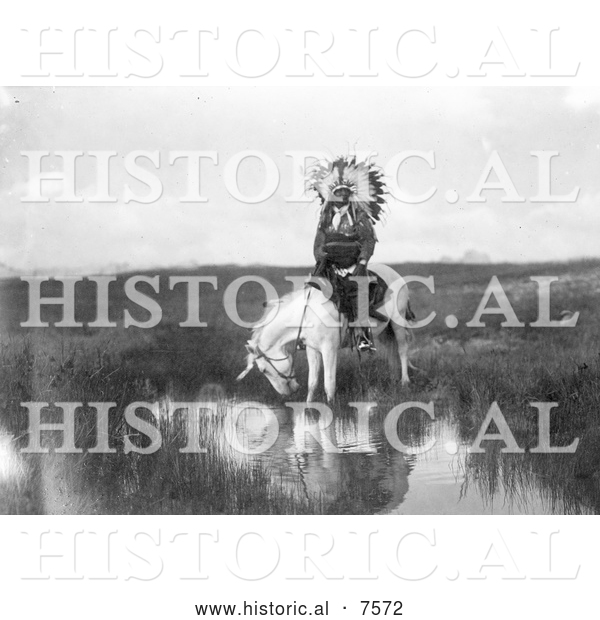 Historical Photo of Cheyenne Native on a White Horse - Black and White