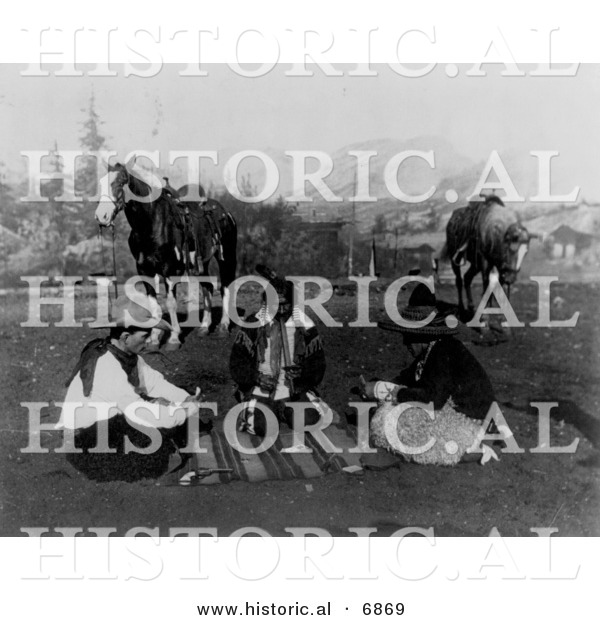 Historical Photo of Cowboys and Native American Indians Playing Cards near Horses 1908 - Black and White Version