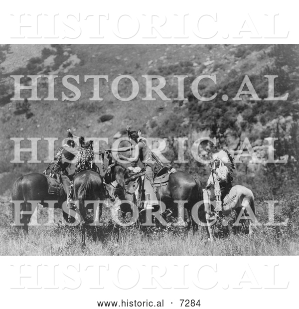 Historical Photo of Crow Men on Horses, Exchanging Products 1905 - Black and White