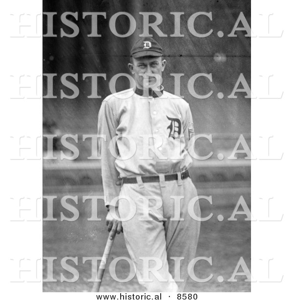 Historical Photo of Detroit Tigers Baseball Player, Tyrus Raymond Cobb, Nick Named "The Georgia Peach," Leaning Against a Bat - Black and White Version