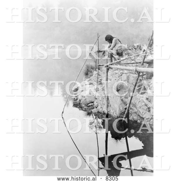 Historical Photo of Hupa Indian Using Fishing Net 1923 - Black and White Version