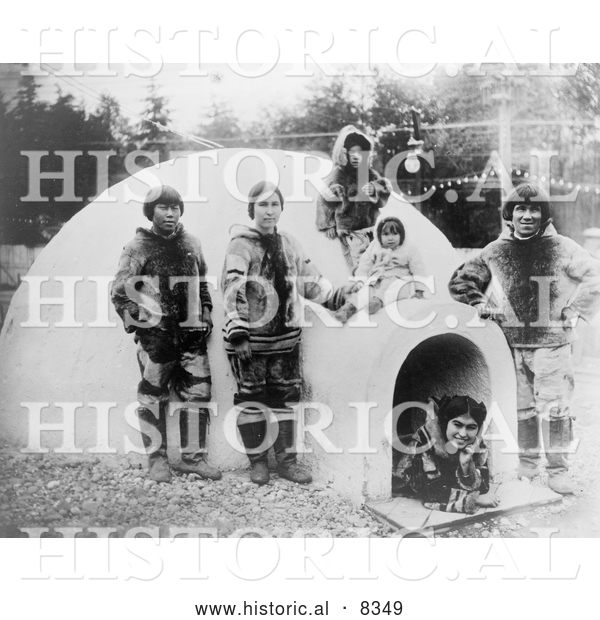 Historical Photo of Inuit Eskimos with Igloo 1909 - Black and White