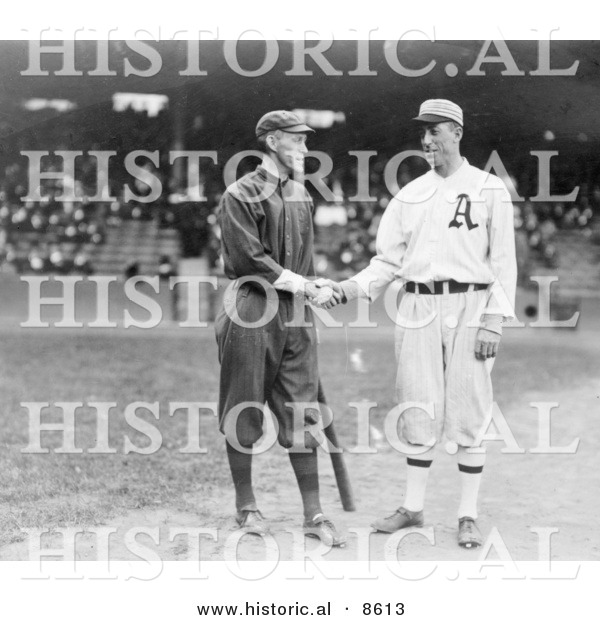 Historical Photo of Johnny Evers Shaking Hands with Eddie Plank 1914 - Black and White Version