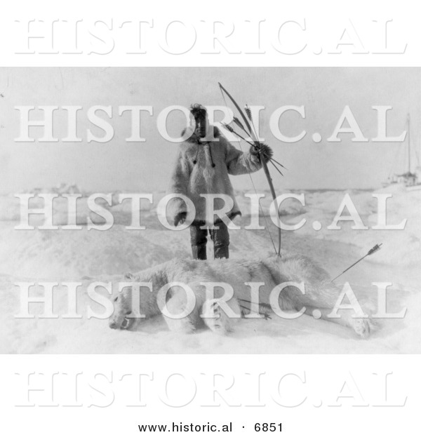 Historical Photo of Male Eskimo Hunter Carrying Bow and Arrows, Standing over a Dead Polar Bear - Native American Indian - Black and White Version