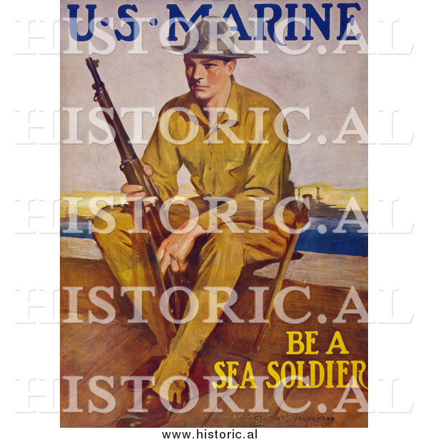Historical Photo of Marine Soldier with a Rifle - Vintage Military War Poster 1917