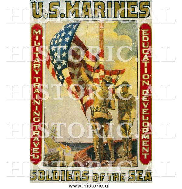 Historical Photo of Marines Raising the American Flag - Vintage Military War Poster 1913