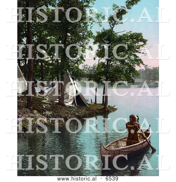 Historical Photo of Native American Indian Man Paddling Boat near Tipis