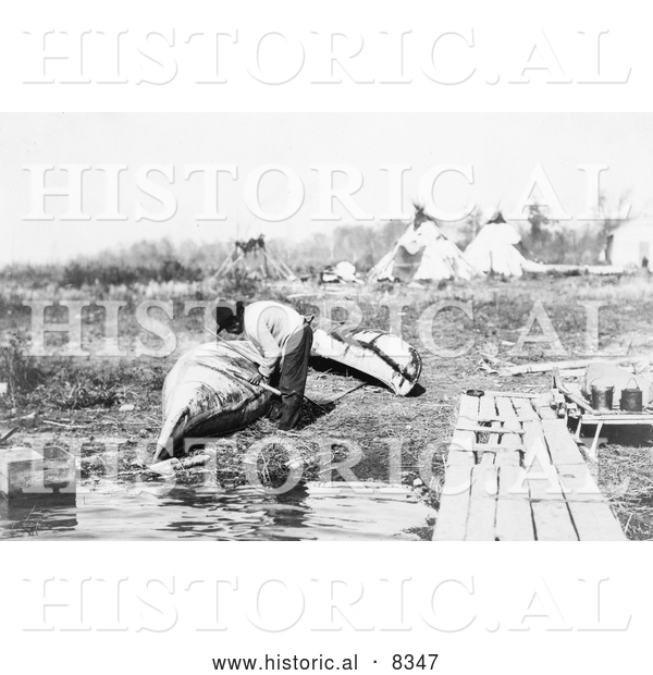 Historical Photo of Ojibwa Indian Fixing Canoe 1913 - Black and White