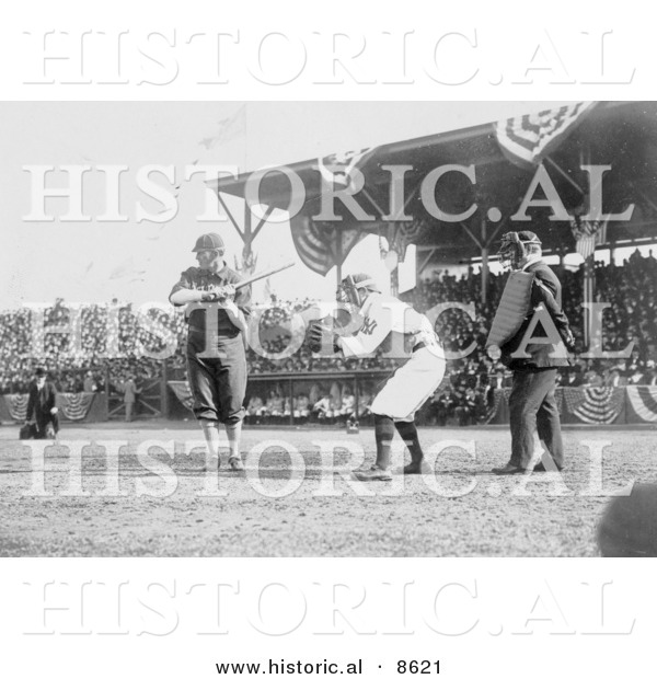 Historical Photo of Otis Clymer Batting and Red Kleinow Catching During a Baseball Game 1909 - Black and White Version