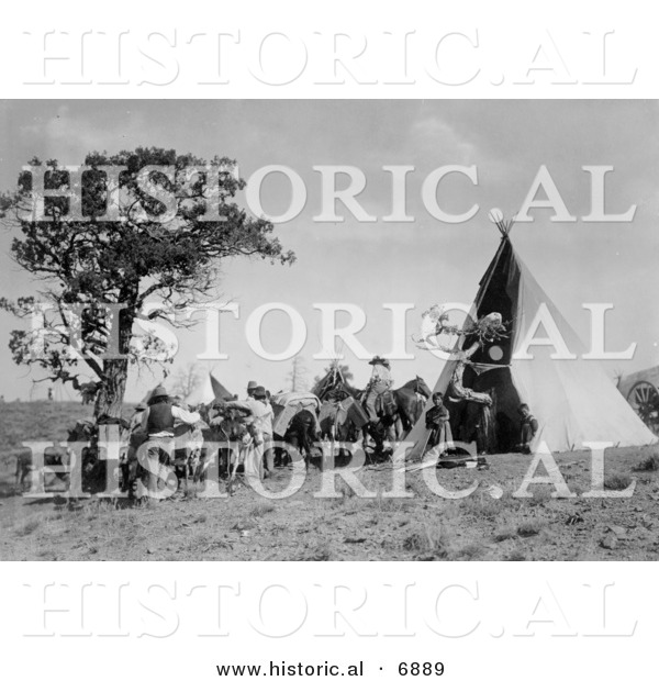 Historical Photo of Pack Animals and People near a Native American Indian Tipi - Black and White Version