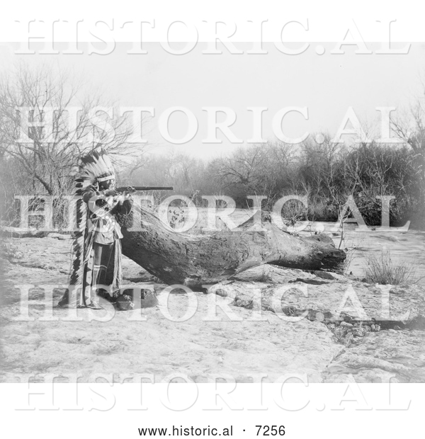 Historical Photo of Pawnee Indian Aiming a Rifle 1908 - Black and White