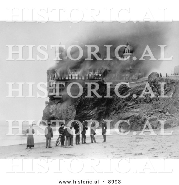 Historical Photo of People on the Beach near the Cliff House As It Burns down in 1907 - Black and White Version