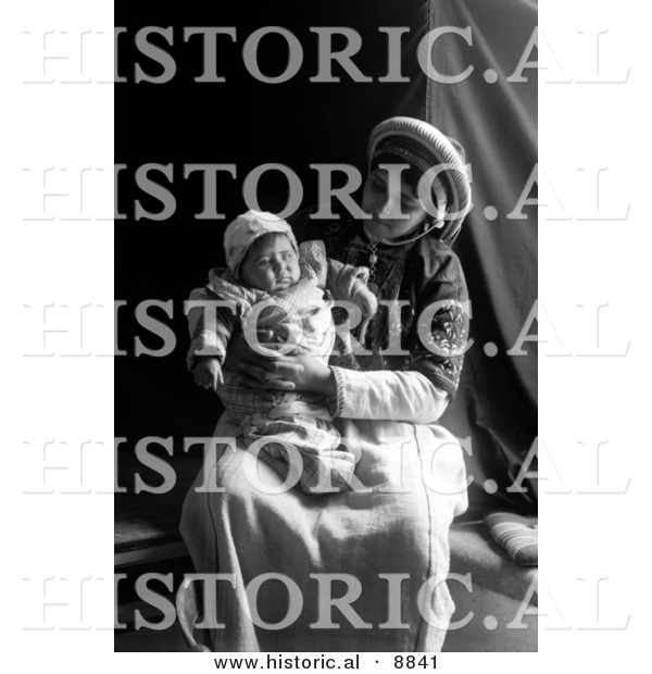 Historical Photo of Ramallah Lady Holding Her Baby on Lap - Black and White Version