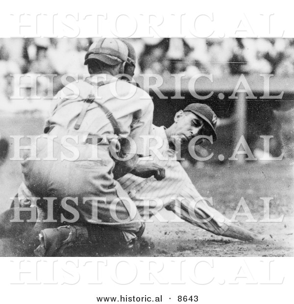 Historical Photo of Roger Peckinpaugh Beting Tagged out at Home Base While Sliding - Black and White Version