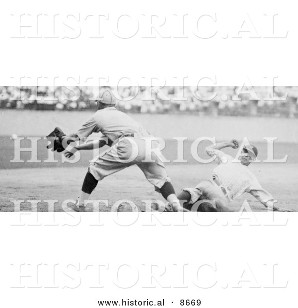 Historical Photo of Roger Thorpe Peckinpaugh Sliding Safetly to Third Base During a Baseball Game in 1925 - Black and White Version