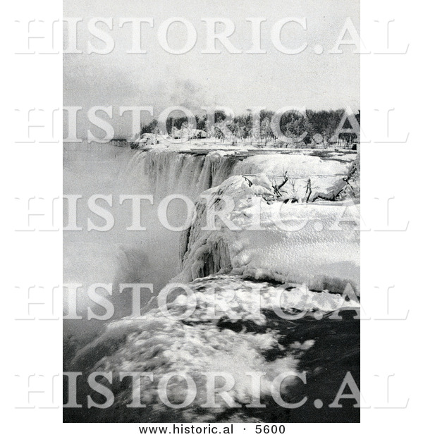 Historical Photo of Snow and Ice at the Top of American Falls in Winter, Niagara Falls - Black and White Version