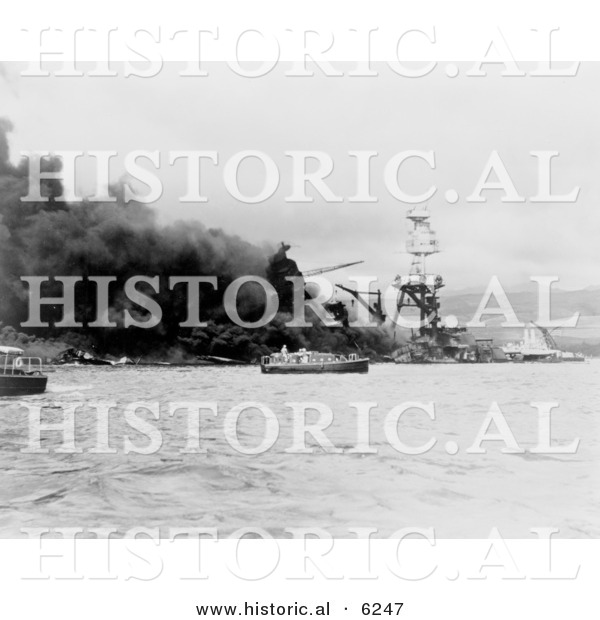 Historical Photo of the USS Arizona Battleship in Flames - Black and White Version