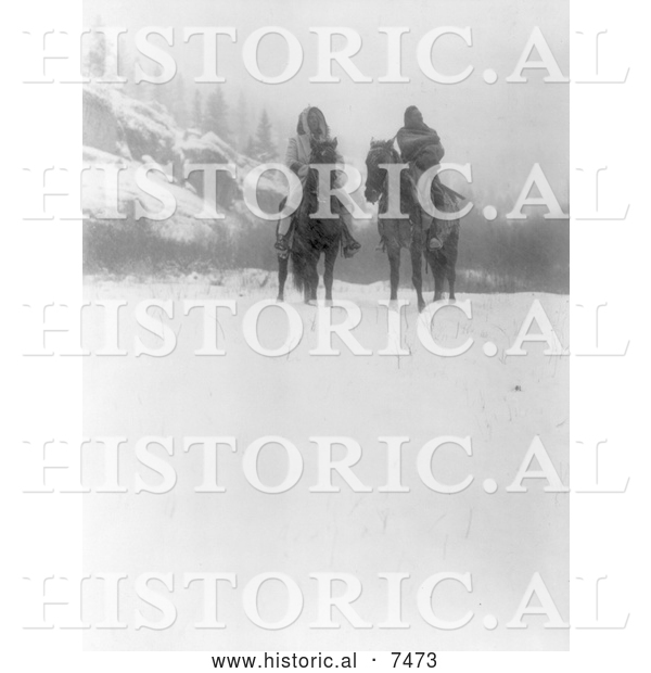 Historical Photo of Two Apsaroke Indian Men on Horses in Winter 1908 - Black and White