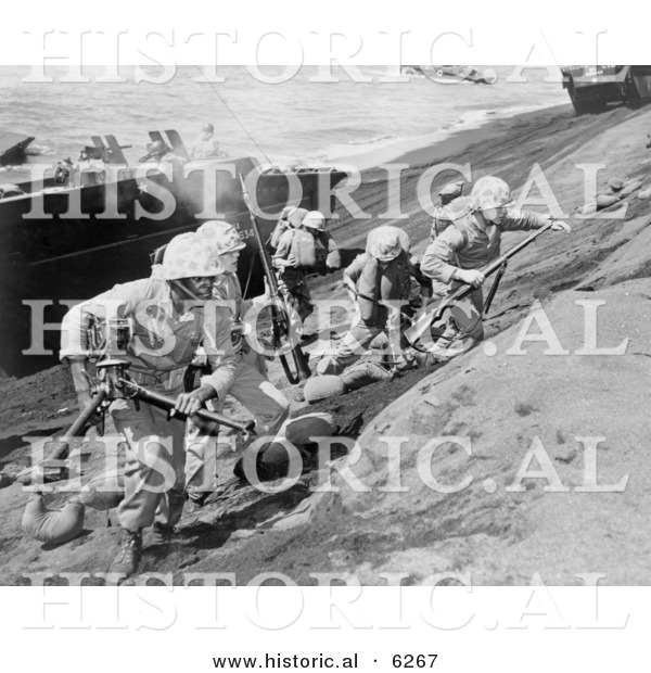 Historical Photo of U.S. Marines Running Uphill on Iwo Jima - Black and White Version