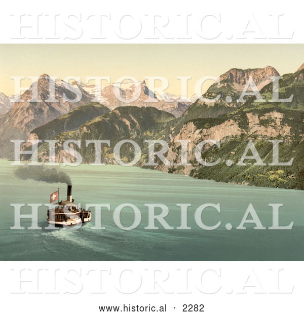 Historical Photochrom of a Boat on Lake Lucerne, Switzerland