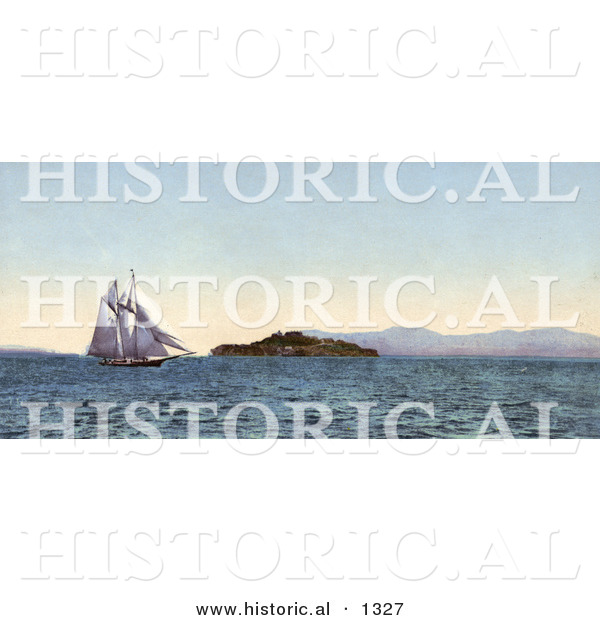 Historical Photochrom of a Boat Sailing near Alcatraz Island on the Golden Gate, San Francisco, California