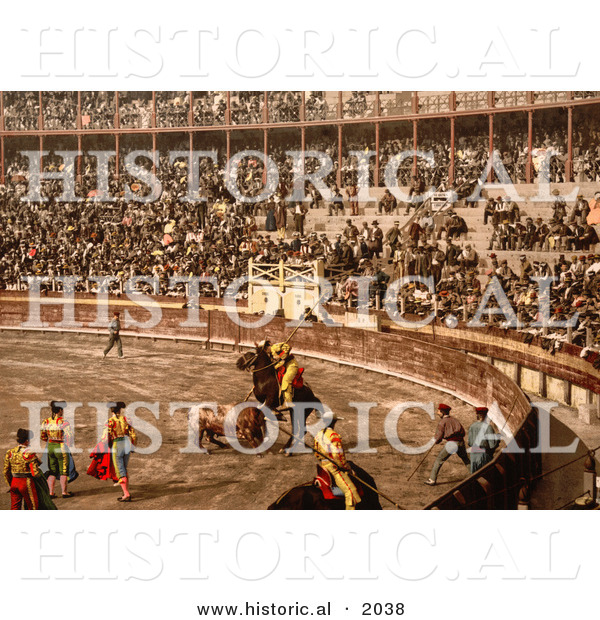 Historical Photochrom of a Bullfighting Scene in Barcelona, Spain