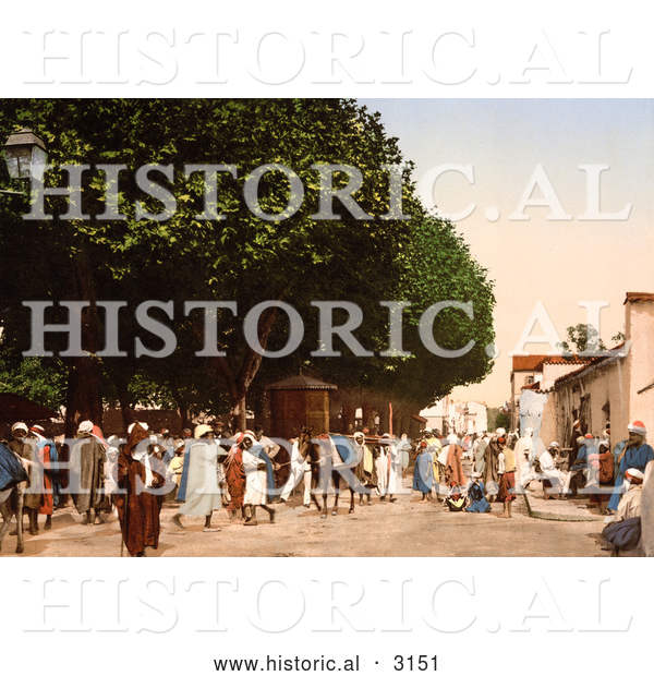 Historical Photochrom of a Busy Street Market, Blidah, Algeria