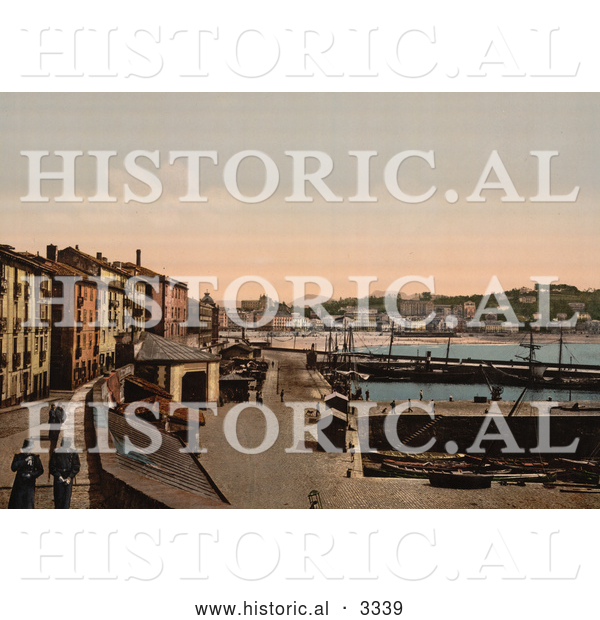 Historical Photochrom of a Harbor, Donostia-San Sebastian on the Bay of Biscay, Spain