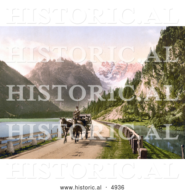 Historical Photochrom of a Horse Carriage near the Monte Cristallo and Mont Popena, Ampezzostrasse with Durrensee, Tyrol, Austria