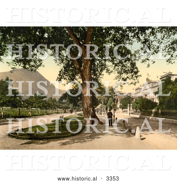 Historical Photochrom of a Man near the Grand Hotel Victoria, Interlaken